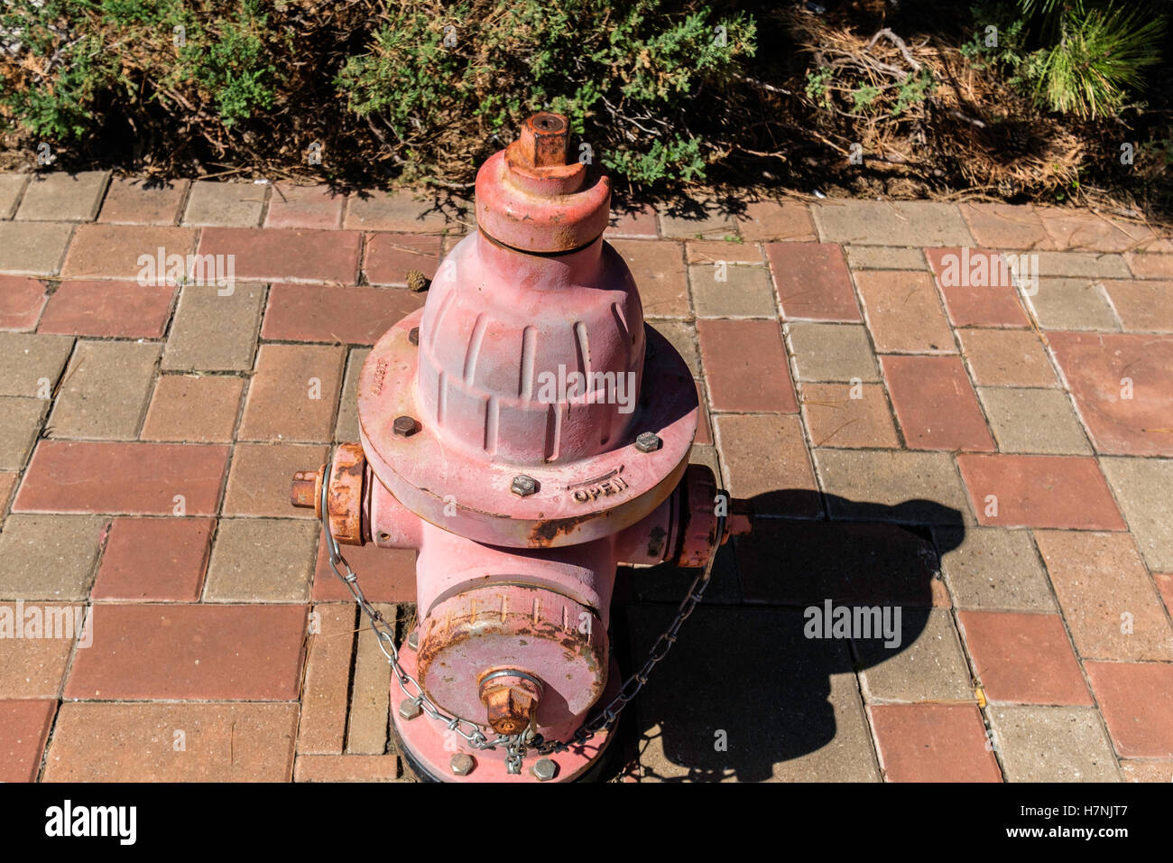 A faded red fireplug on a downtown Oklahoma City brick walkway. Oklahoma, USA. Stock Photo