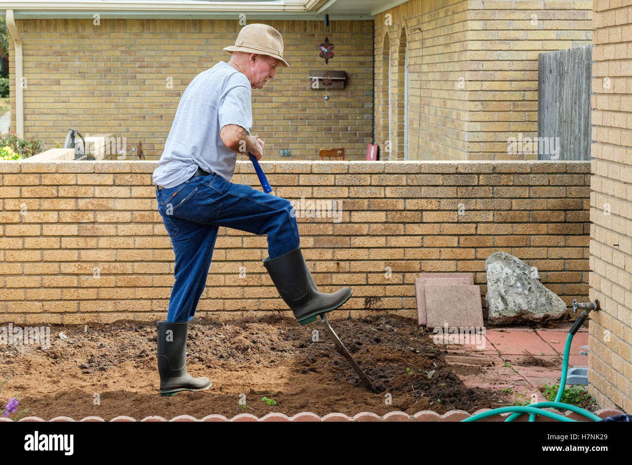 A 78 year old Caucasian man digs fertilizers into a flower garden space for next spring's plantings. Oklahoma, USA.. Stock Photo