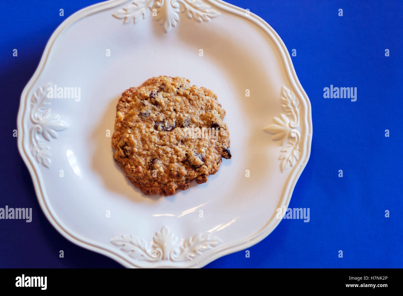 A single homemade oatmeal raisin cookie with walnuts on a white plate, blue background. Shot from above. USA Stock Photo