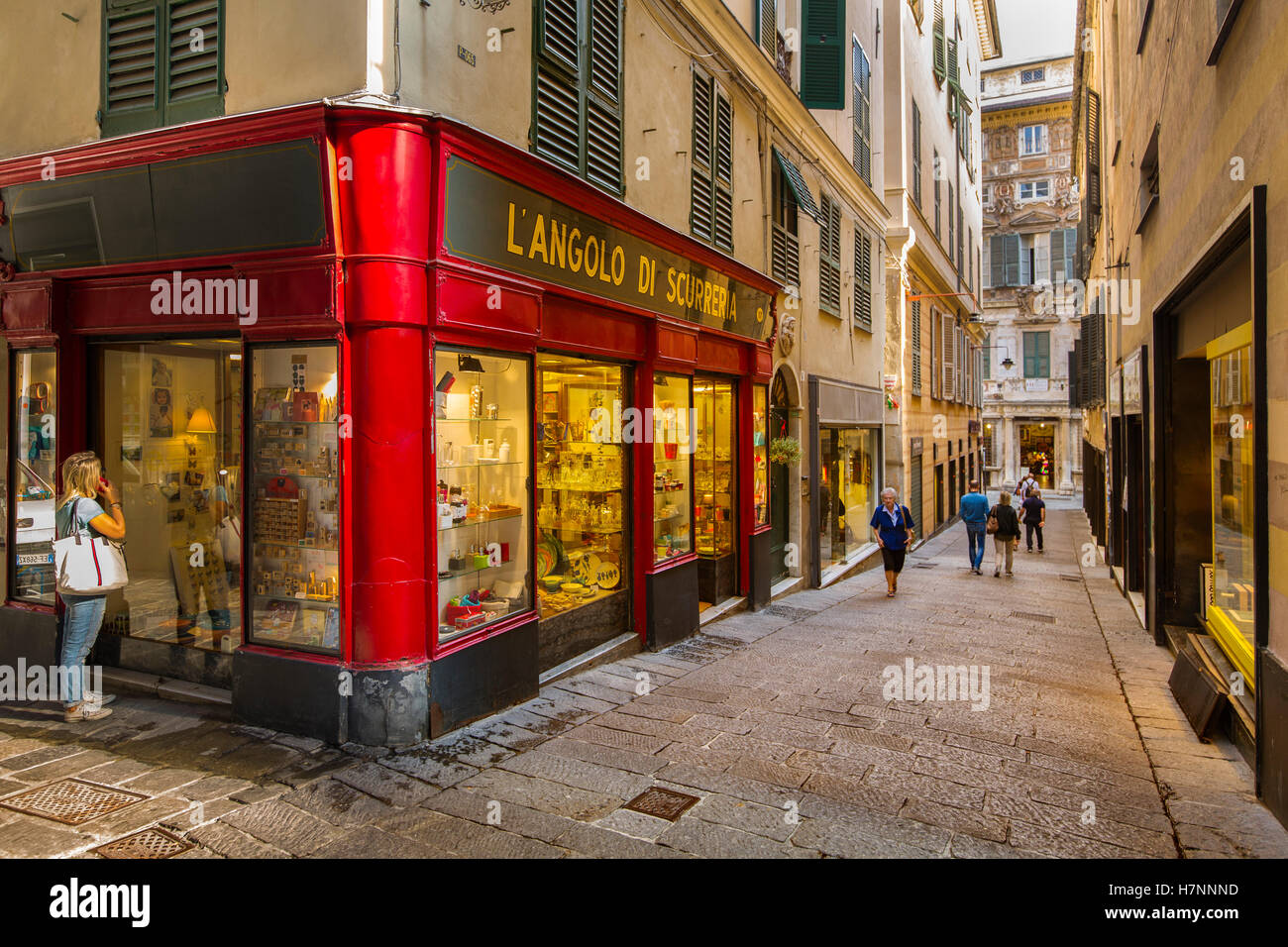 Street in the historic center. Old Town. Genoa. Mediterranean Sea ...