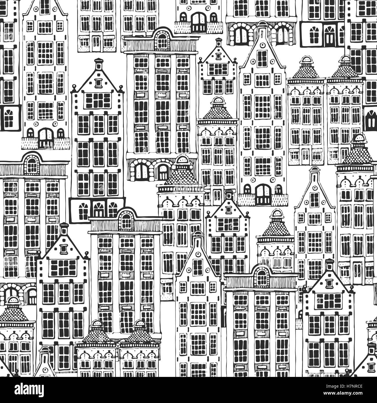 Vector seamless pattern with town houses. Hand drawn Stock Vector Image ...