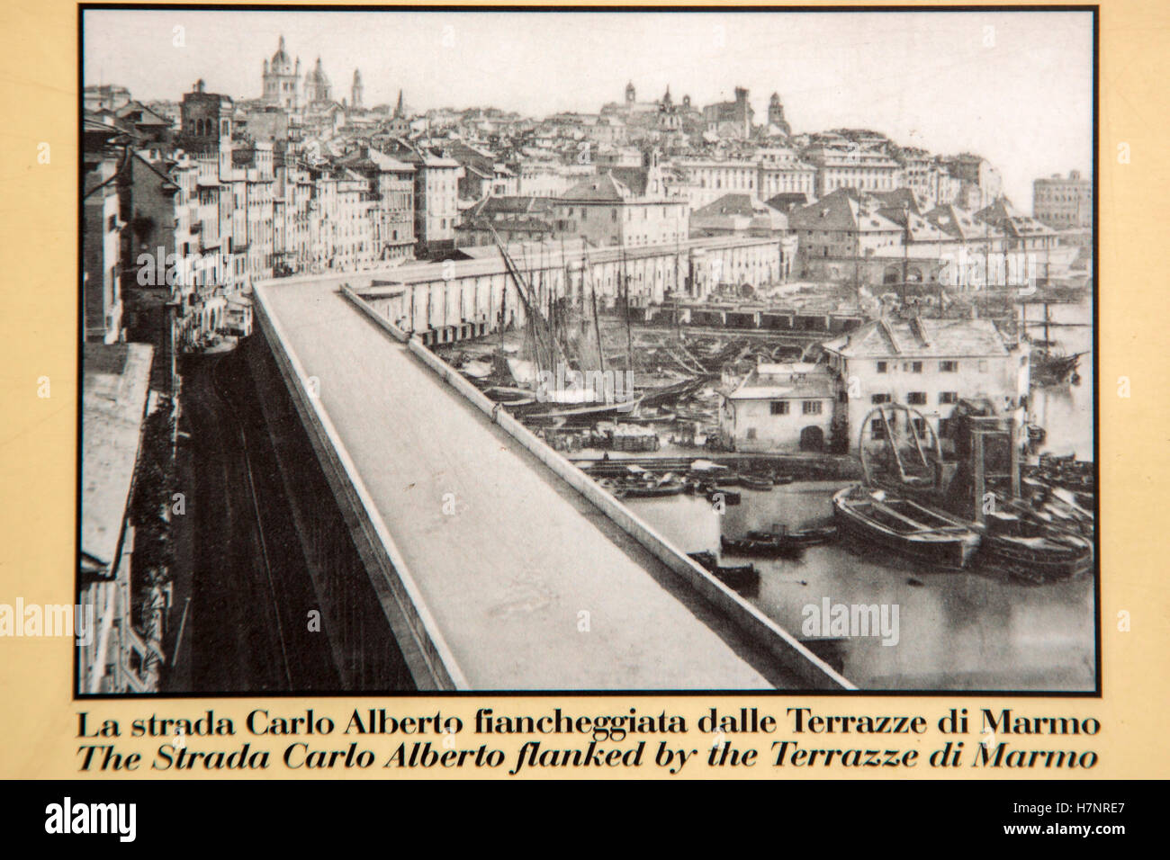 Old photography, the Strada Carlo Alberto flanked by Terrazze di Marmo. Genoa. Mediterranean Sea. Liguria, Italy Europe Stock Photo
