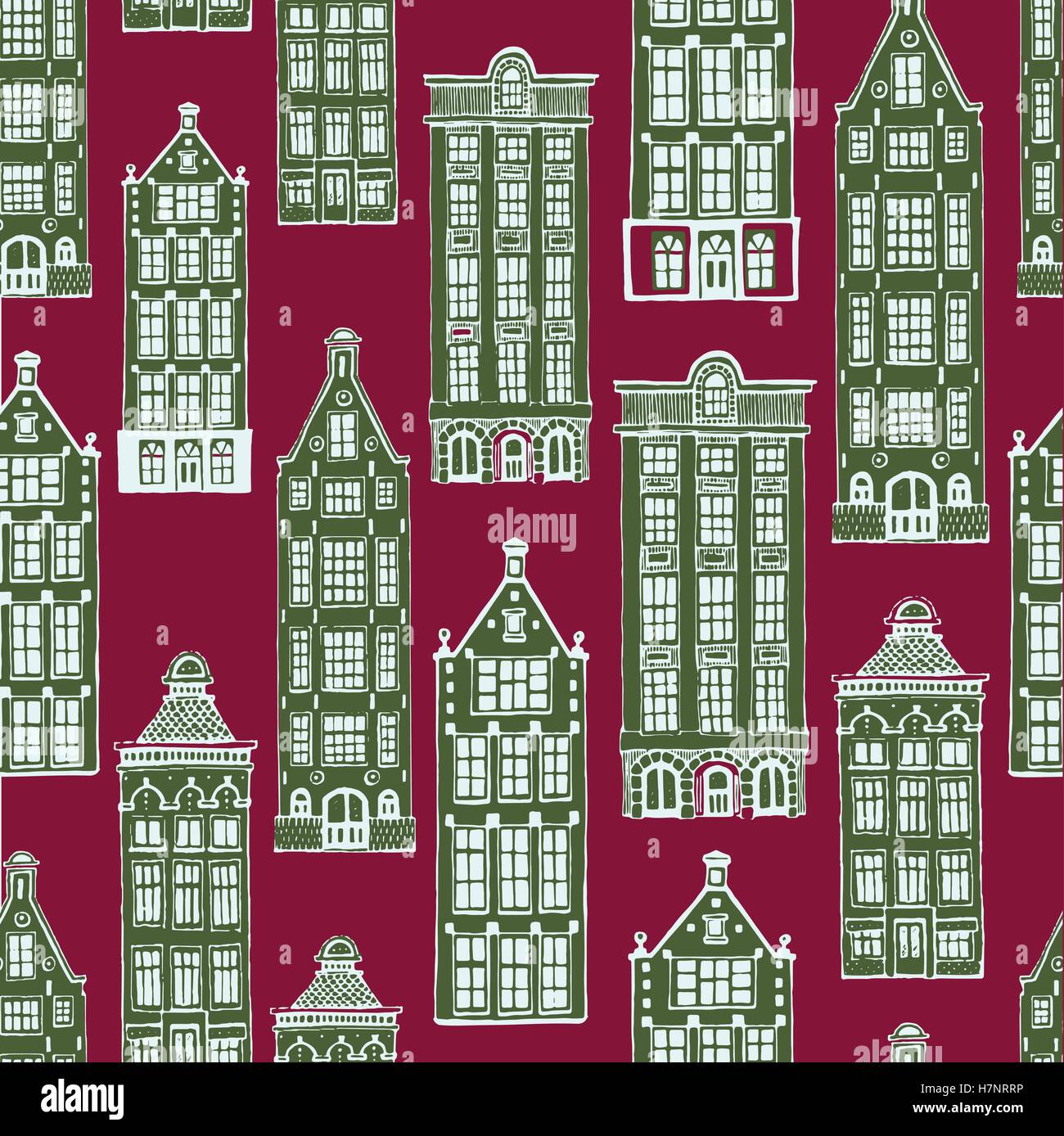 Vector seamless pattern with town houses. Hand drawn Stock Vector Image ...