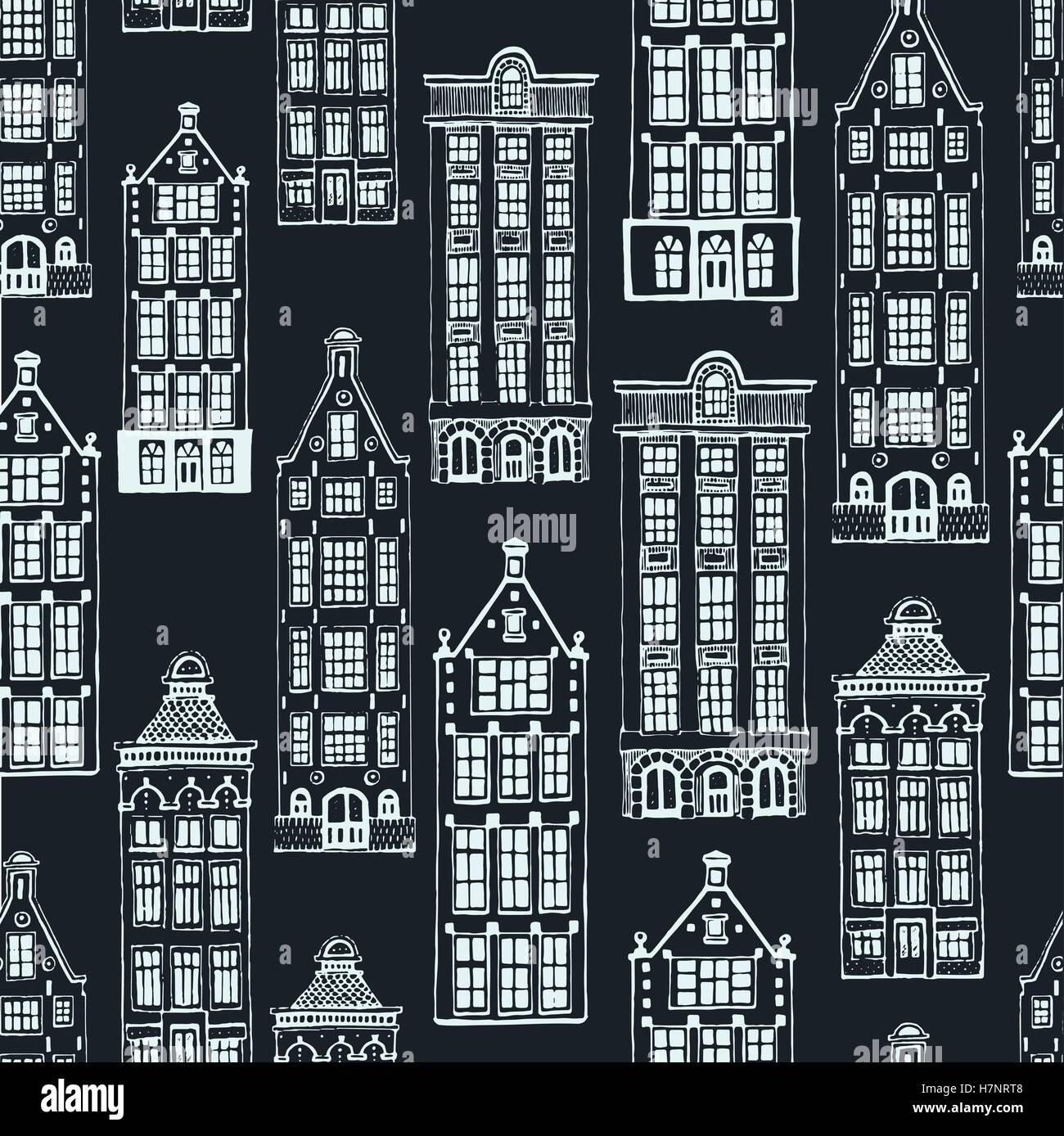 Vector seamless pattern with town houses. Hand drawn Stock Vector Image ...