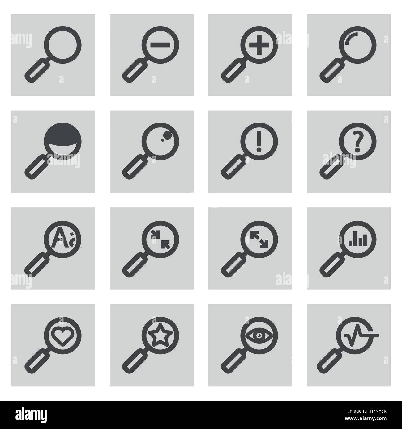 Vector black line magnifying glass icons set on grey background Stock ...