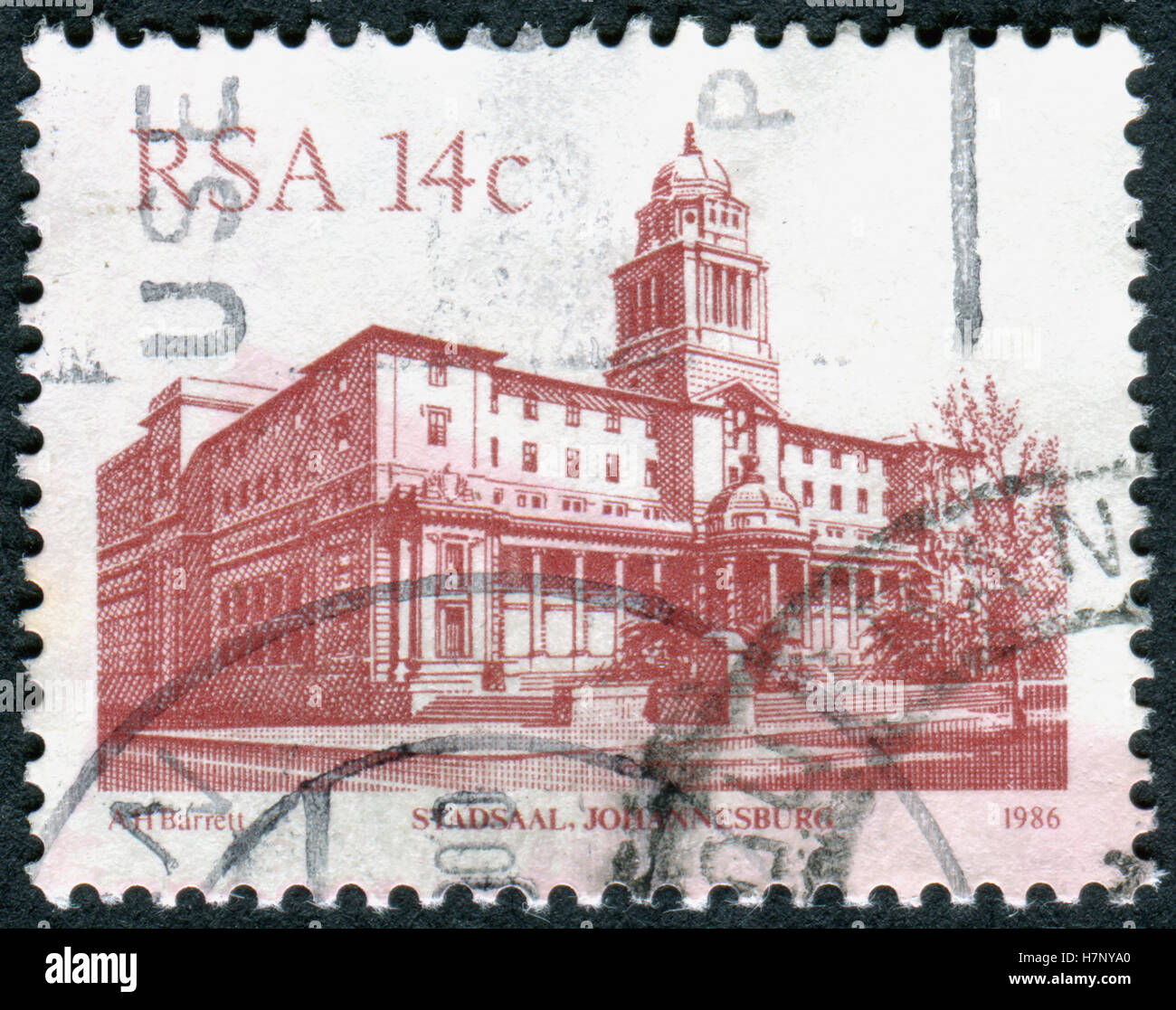 SOUTH AFRICA - CIRCA 1986: A stamp printed in South Africa, shows the building of Johannesburg City Hall, circa 1986 Stock Photo