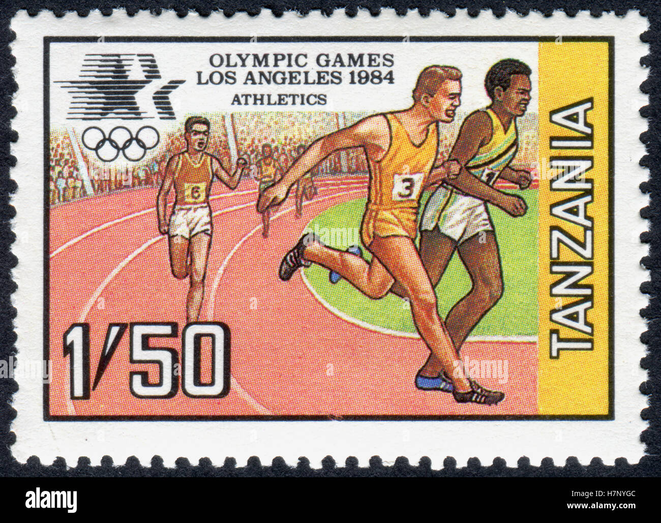 A stamp printed in Tanzania dedicated to the Olympic Games in 1984 - Los Angeles, shows Running Stock Photo