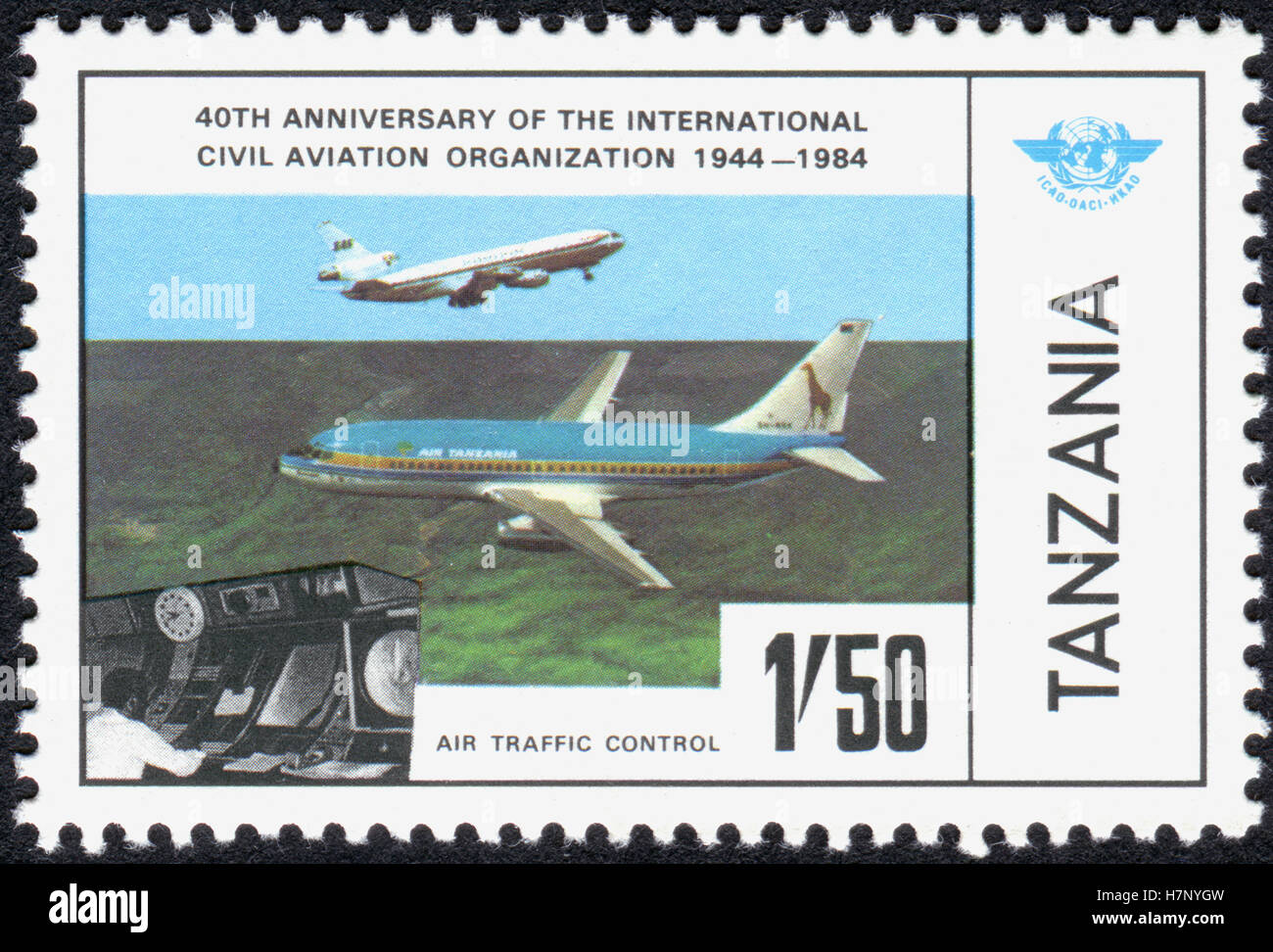 A stamp printed in Tanzania dedicated to 40 Years International Organization for Civil Aviation, shows an Air Tanzania jets. Stock Photo