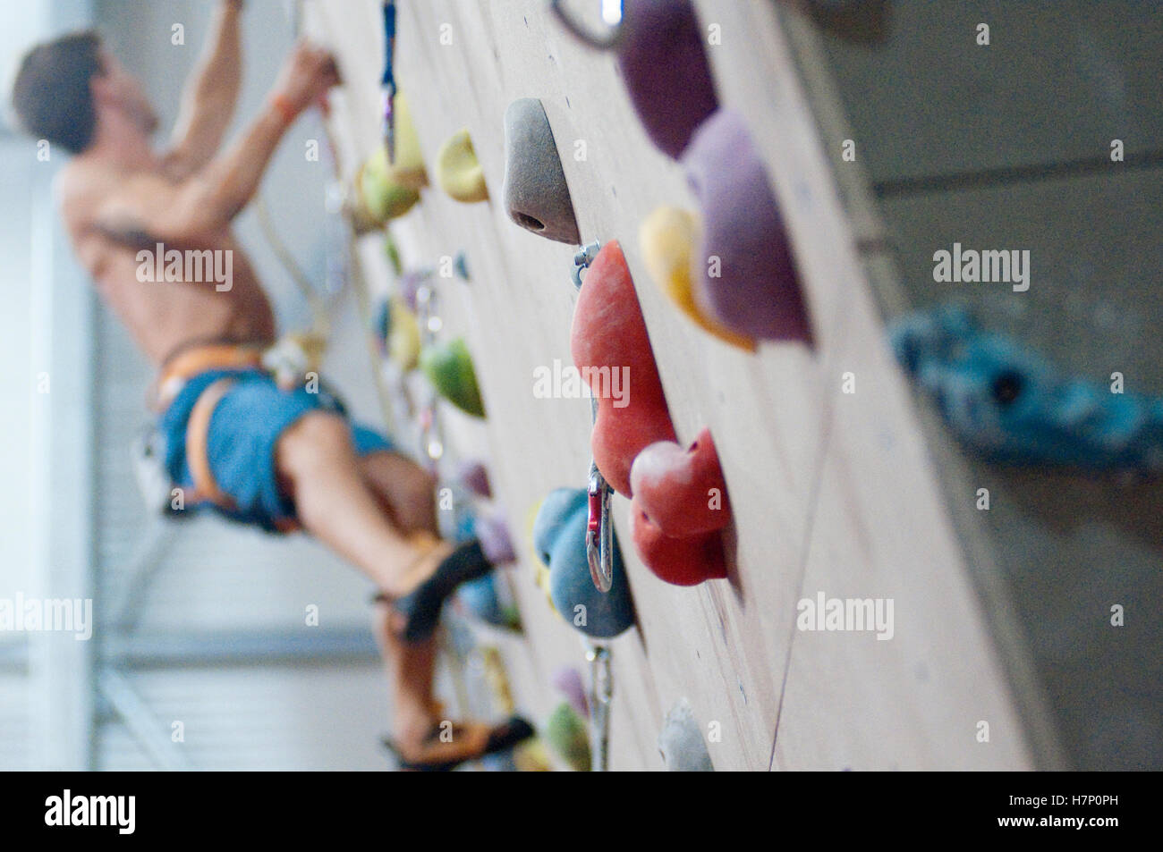 Man Climbing with Ropes on Climbing Wall Stock Photo - Alamy