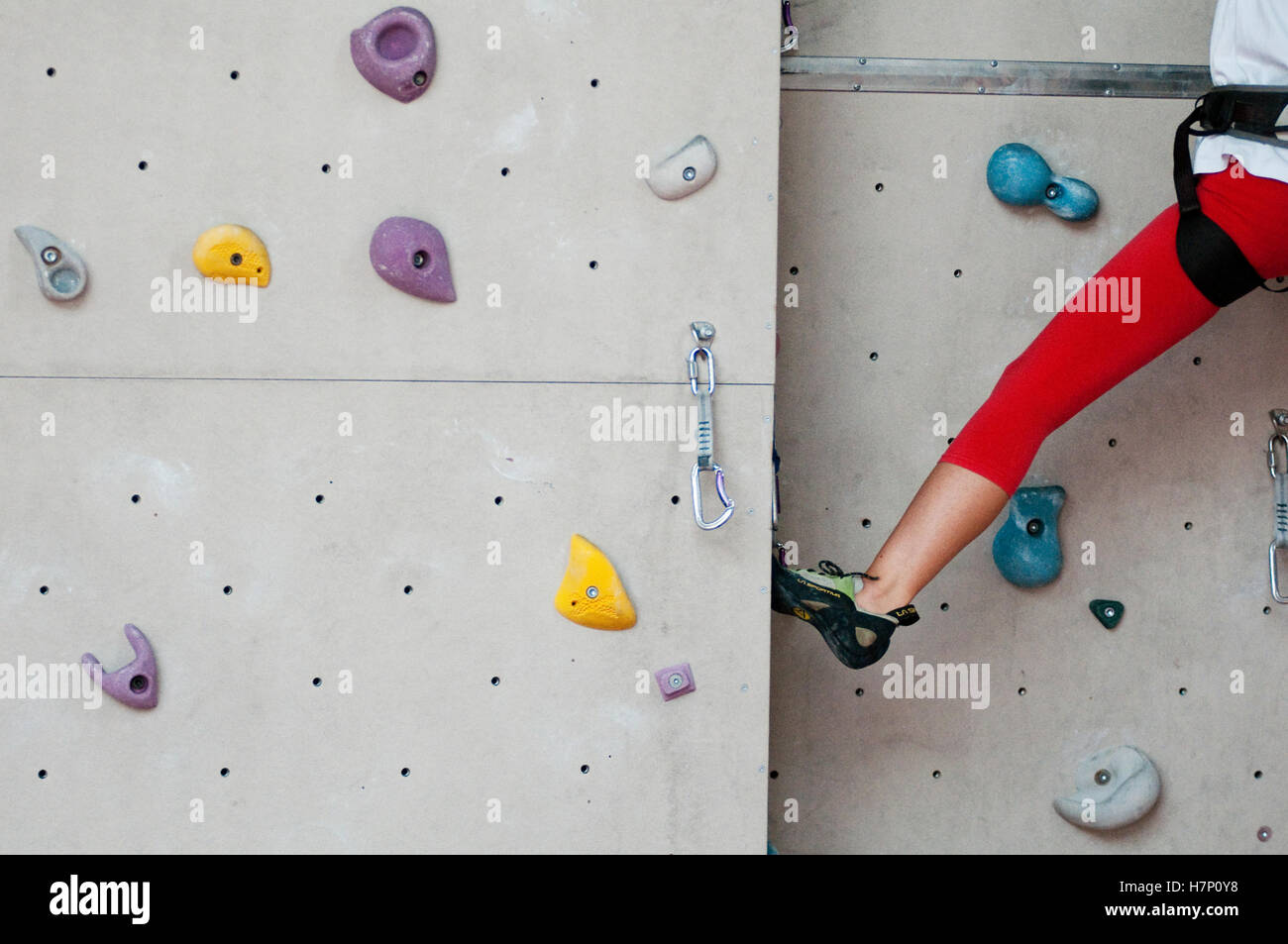 Woman Climbing with Ropes on Climbing Wall Stock Photo Alamy