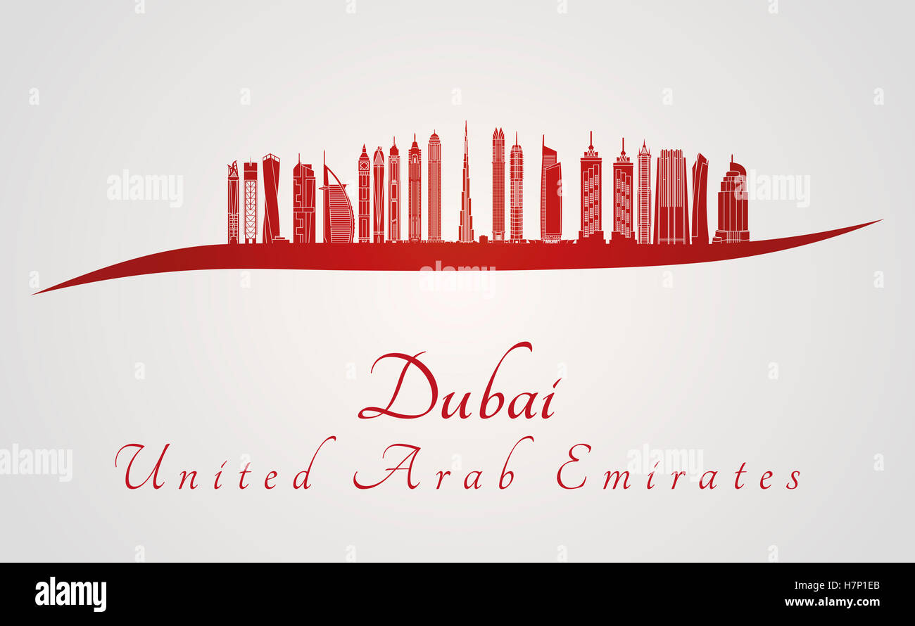 Dubai skyline in red and gray background in editable vector file Stock Photo