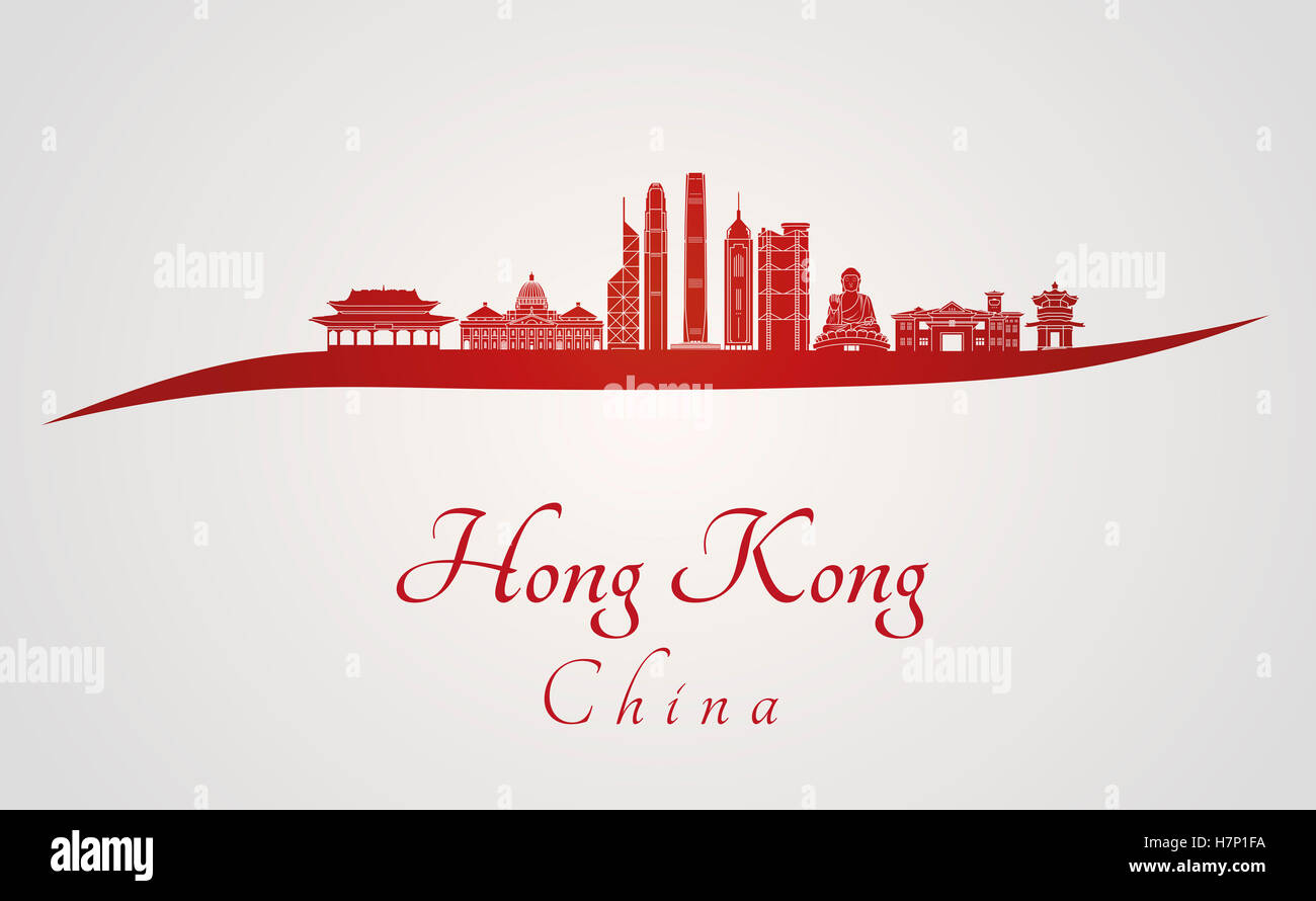 Hong Kong skyline in red and gray background in editable vector file Stock Photo