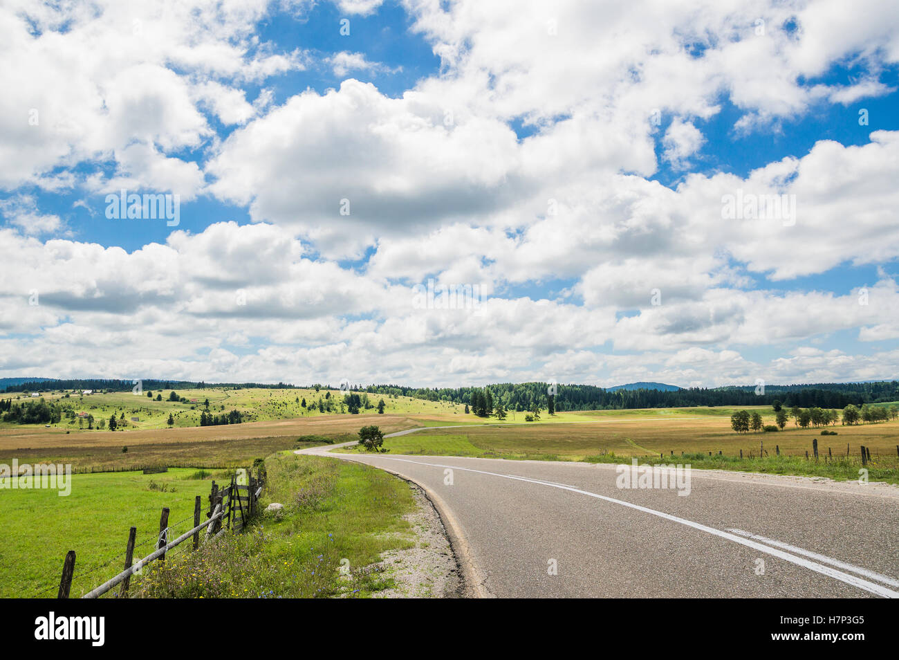 Asphalt road through the green field and clouds on blue sky in summer ...