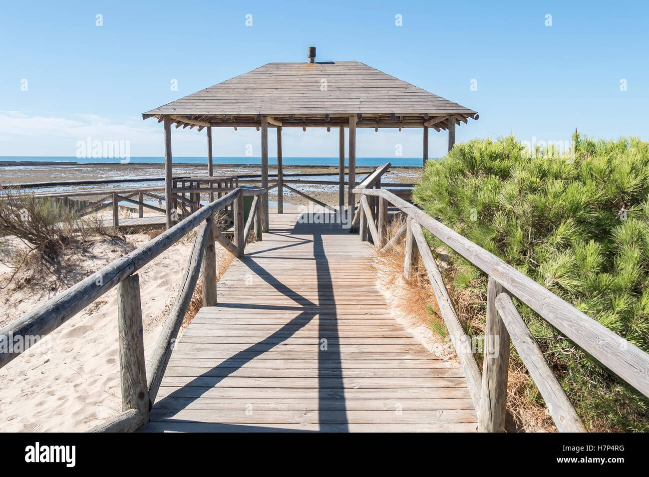 Punta Candor beach, Rota, Cadiz, Spain. Fishing weir, fish weir, fishgarth or kiddle Stock Photo