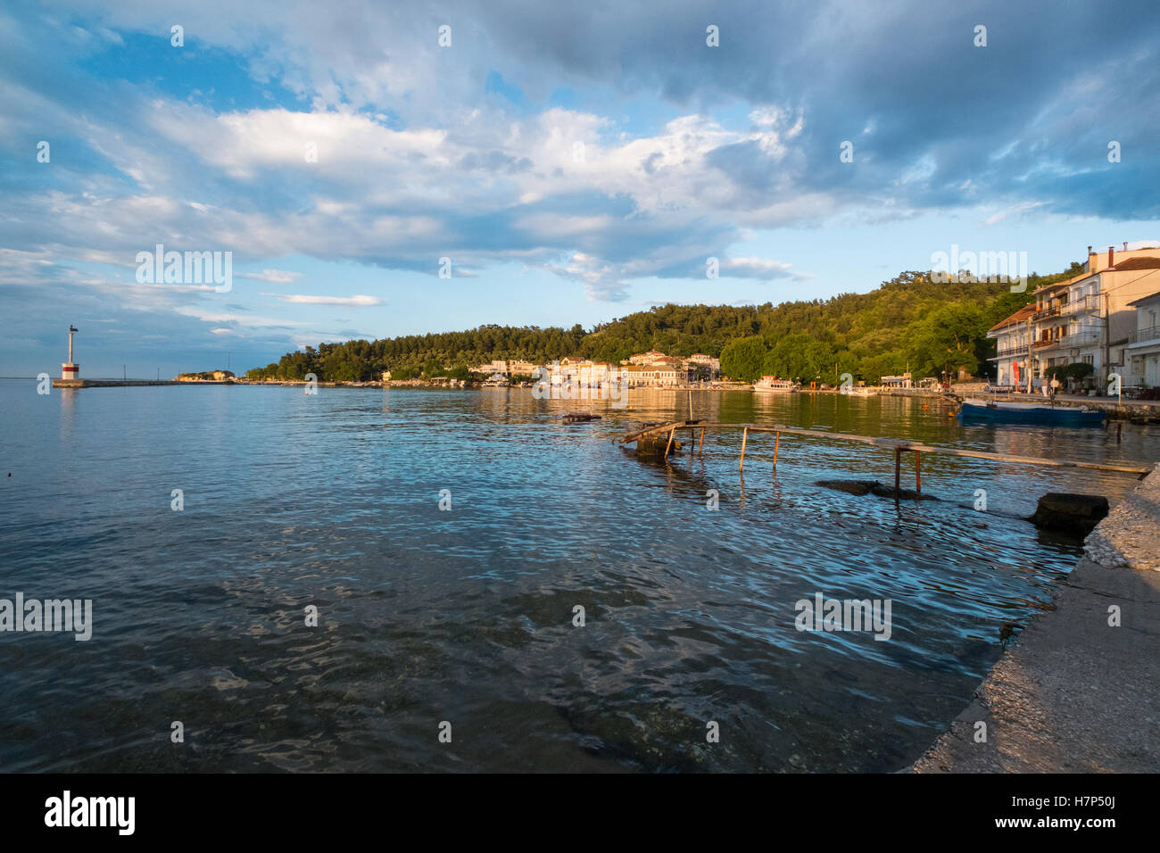 Beautiful sunset at the Port in the Town of Limnas in Thassos, Greece. Stock Photo