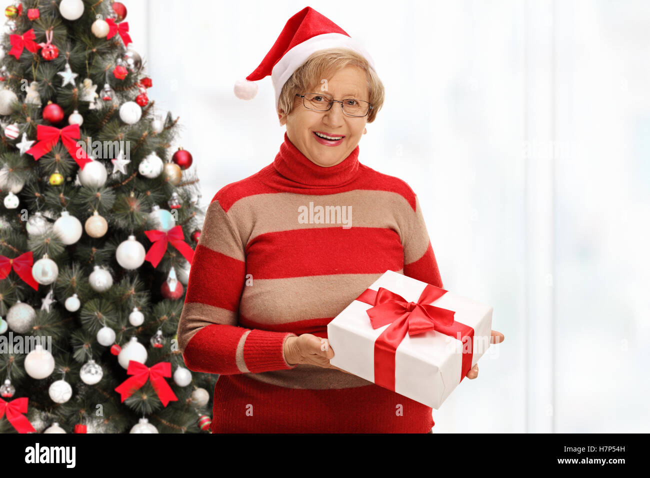Joyful elderly woman holding a christmas present in front of a ...