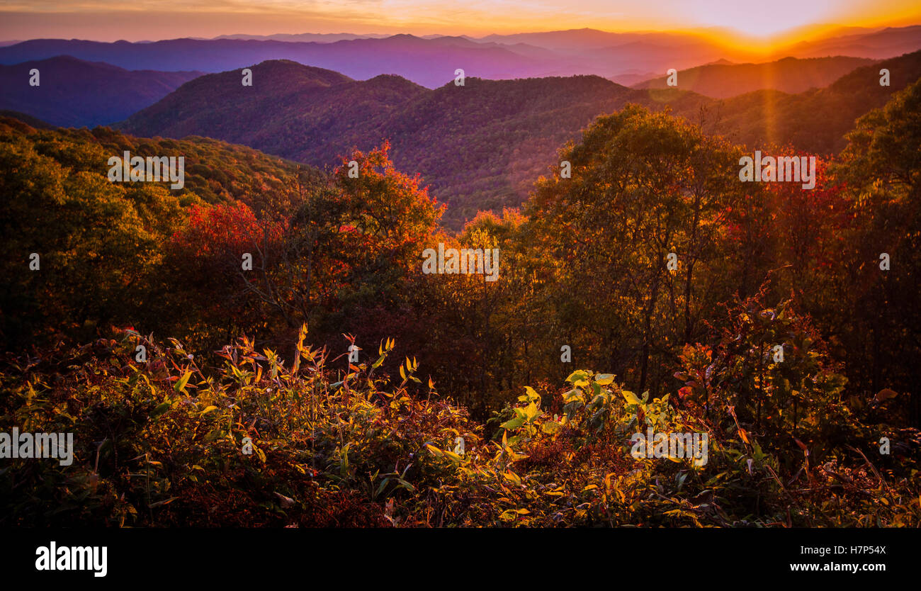 Great Smoky Mountain Sunset. Sunset from a Blue Ridge Parkway overlook with the Great Smoky Mountains at the horizon. Stock Photo