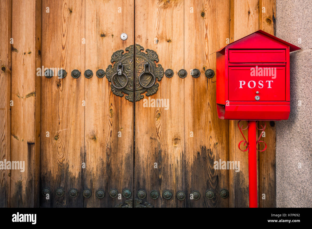 red post box and wooden door korean style at Bukchon Hanok Village in Seoul, South Korea. Stock Photo
