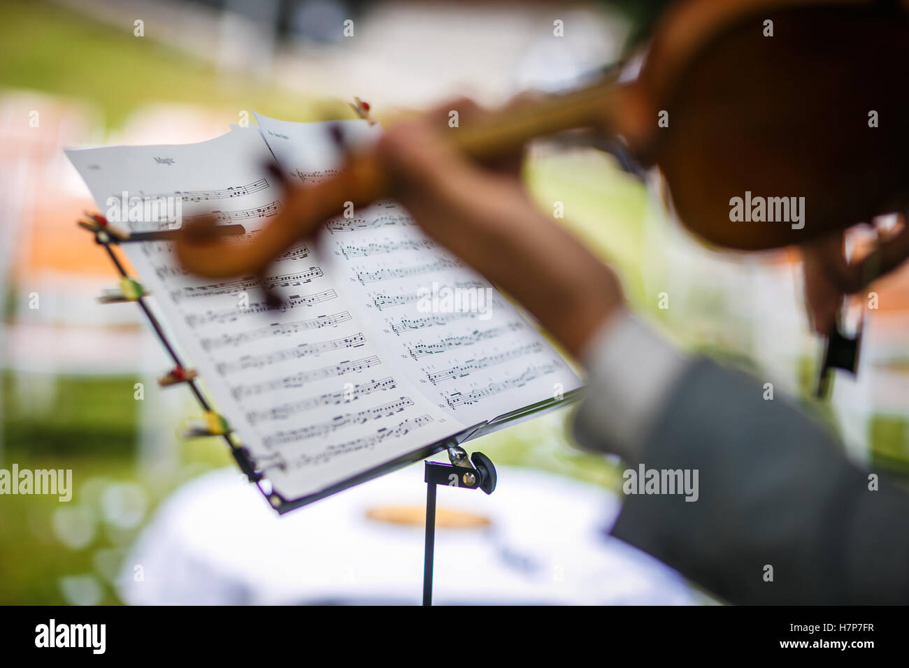 Male violinist playing his instrument and reading a music sheet during