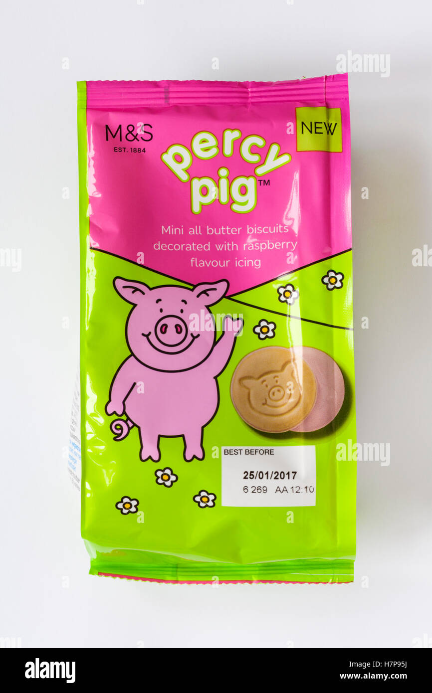 packet of M&S percy pig mini all butter biscuits decorated with