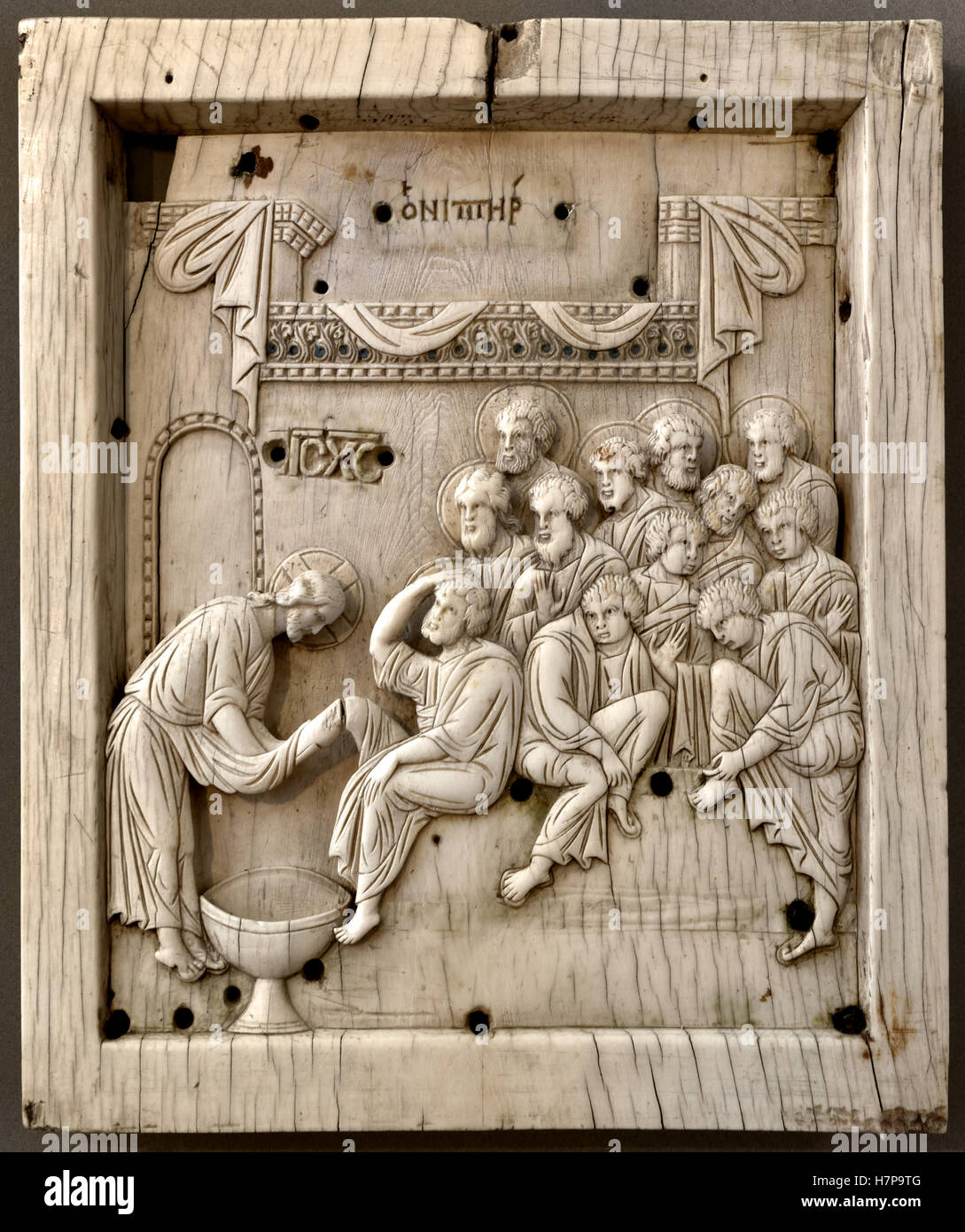 Foot wash of Christ relief table Ivory 10-12  century Constantinople Istanbul Turkey Turkish East Roman Stock Photo