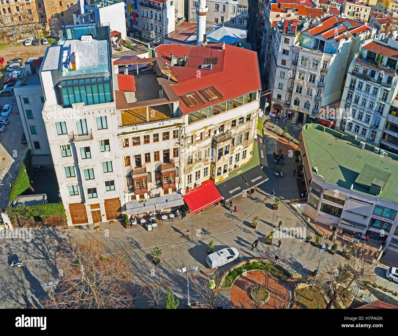 The aerial view on the neighborhood, surrounding Galata Tower with numerous cafes and shops, Istanbul, Turkey Stock Photo