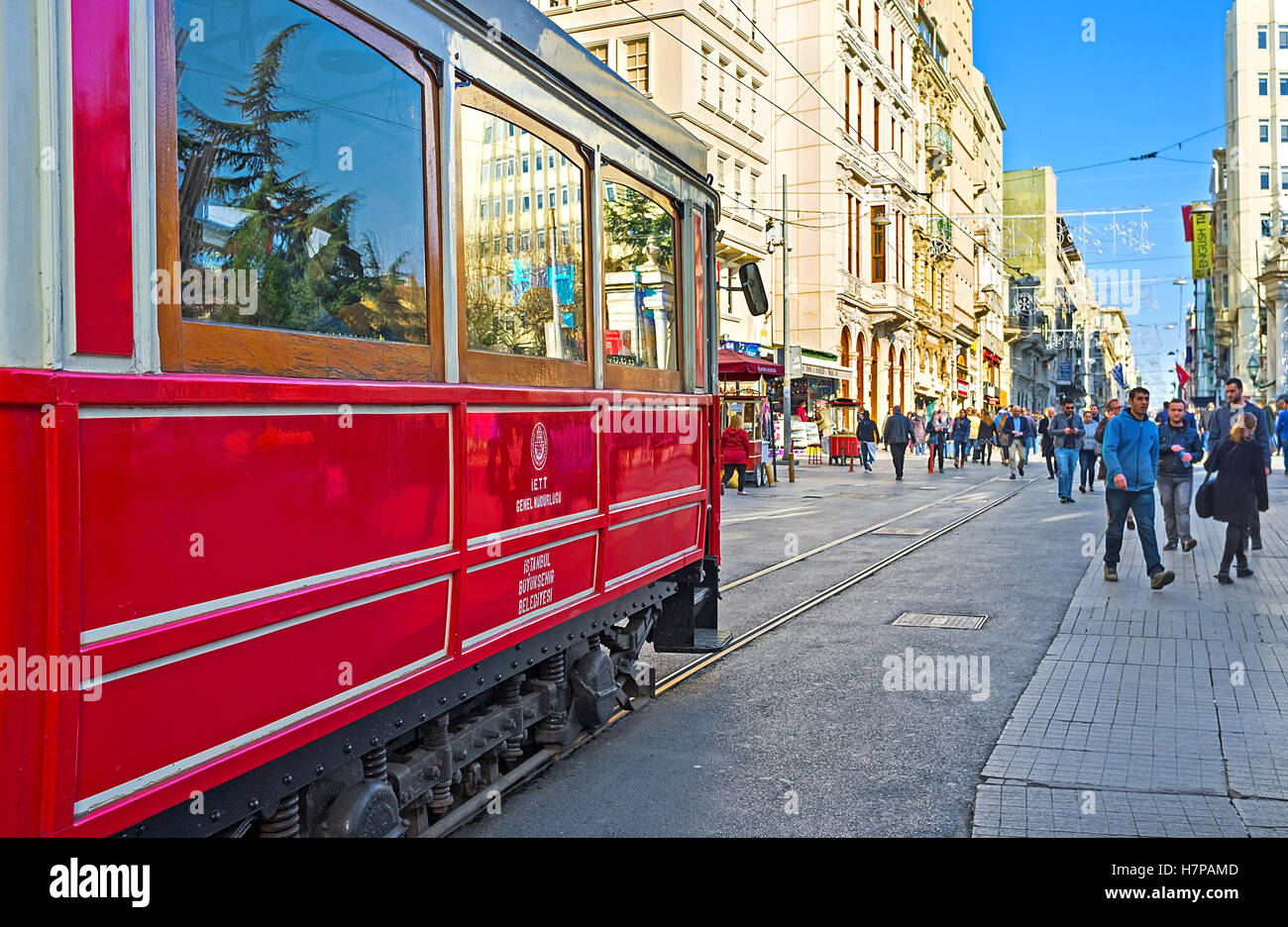 The main transport in Independence Avenue is the retro tram of Nostalgia Tramway, connecting the Taksim Square and Tunel Stock Photo