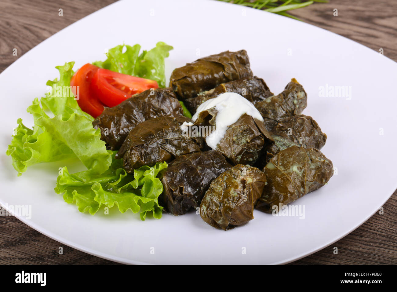 Dolma stuffed meat in grape leaves with cream sauce Stock Photo Alamy