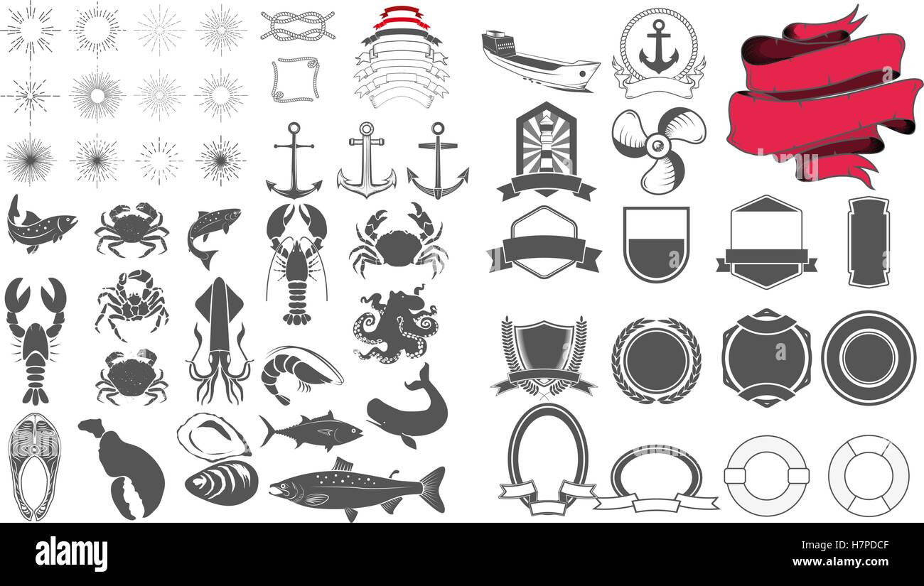seafood emblem design elements set Stock Vector