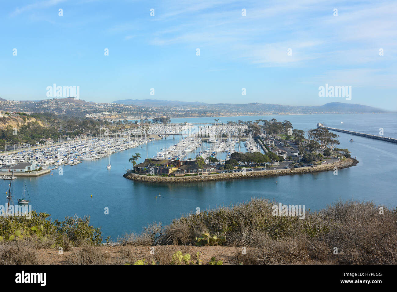 Dana Point Harbor in Orange County, California. Looking south from the bluffs that are home to a nature preservation area along Stock Photo