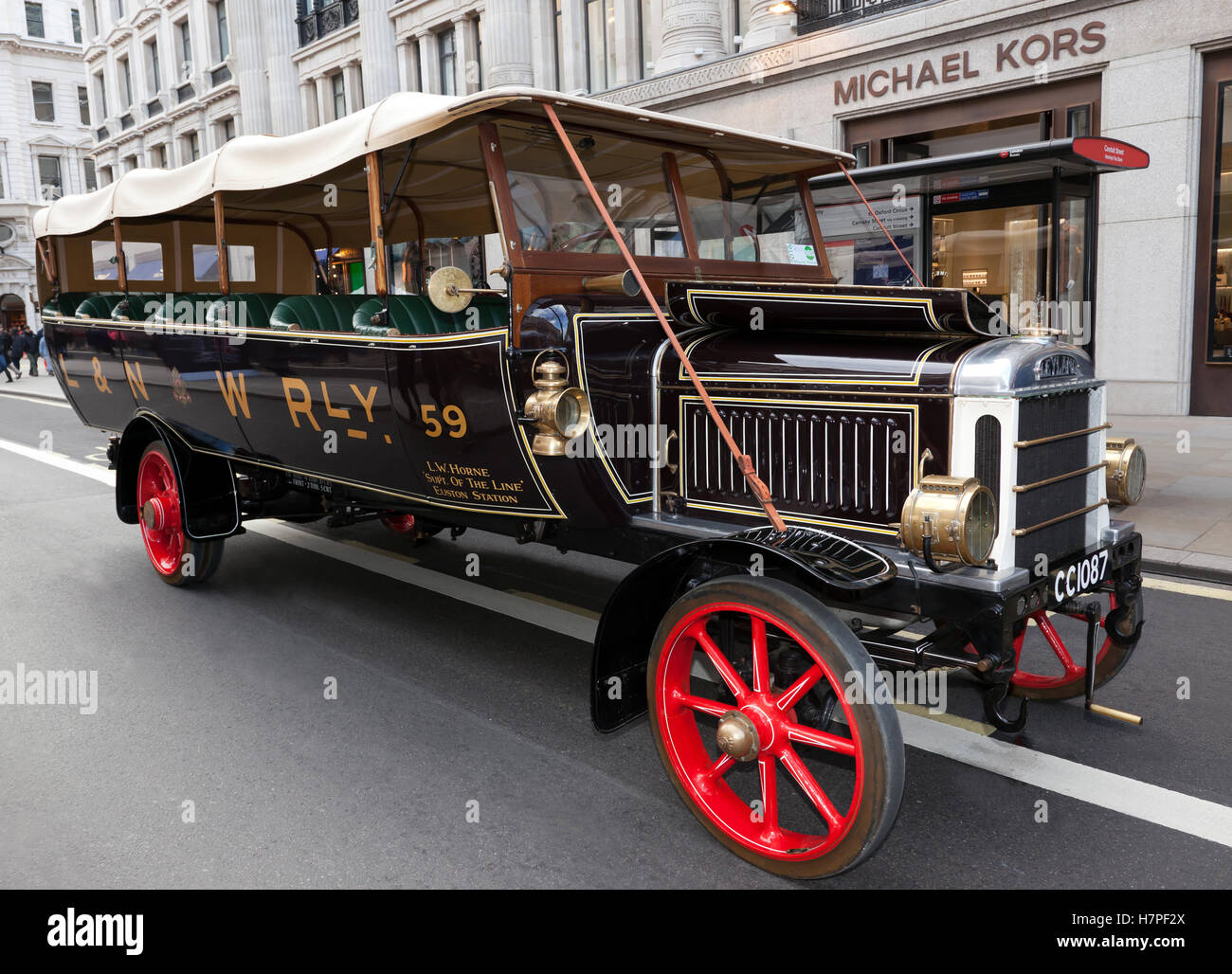 London and North Western Railway  1914, Leyland S4.36 T3  Charabanc, on display at the Regents Street Motor Show, 2016, Stock Photo