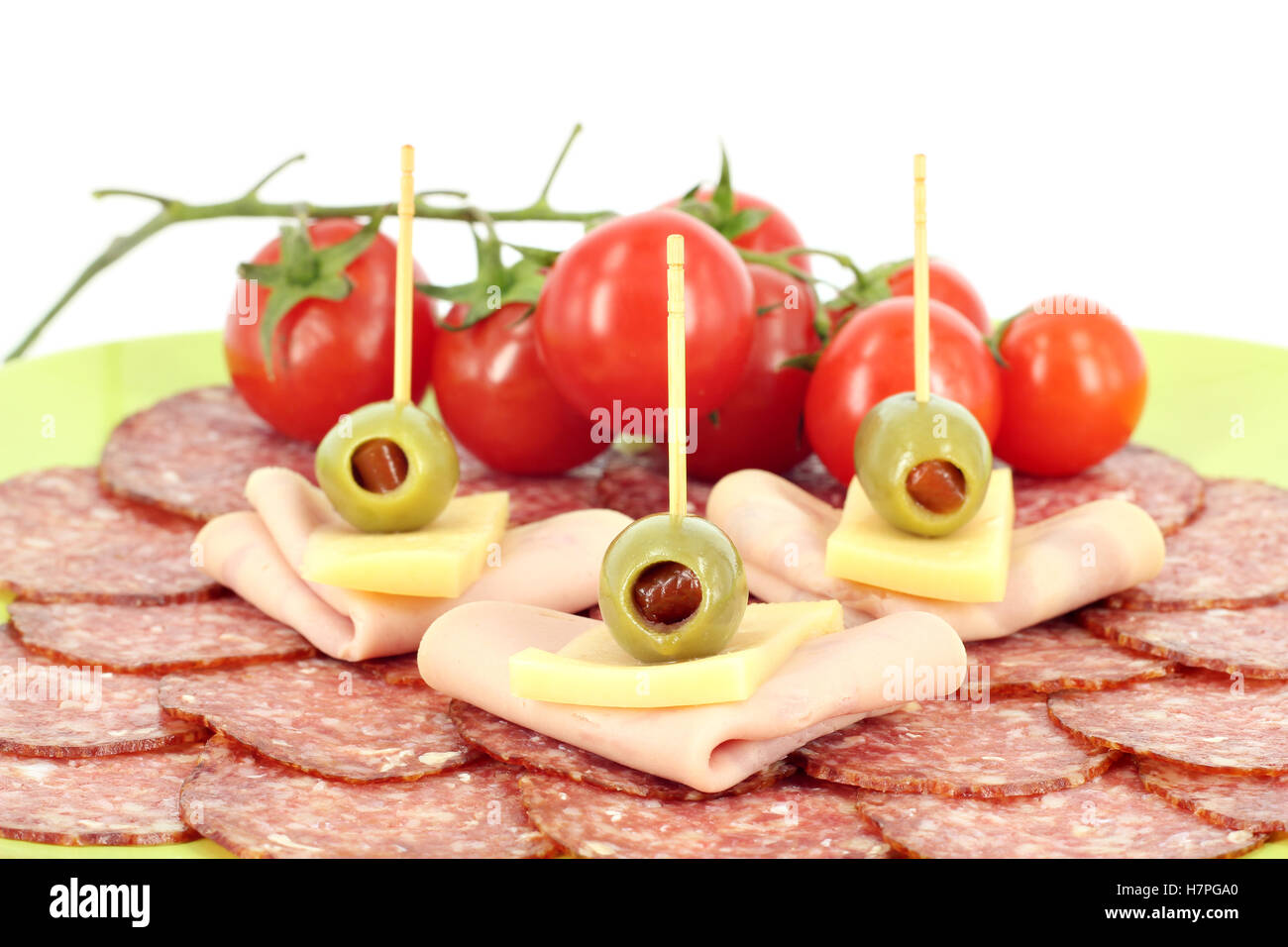 olive salami cheese and tomatoes Stock Photo