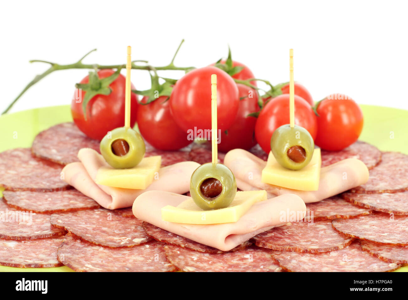 olive salami cheese and tomatoes Stock Photo Alamy