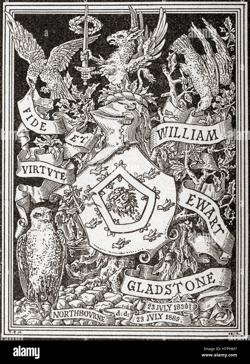 A bookplate aka Ex libris stamp from the library of William Gladstone. An ex libris stamp indicates ownership. Stock Photo