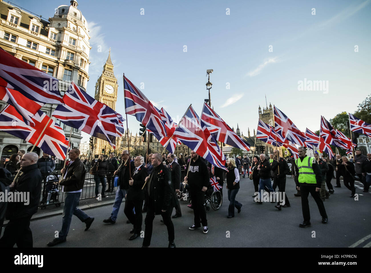 British far-right organisation: The National Front (NF) hold their annual Remembrance Day march through central London, UK. Stock Photo