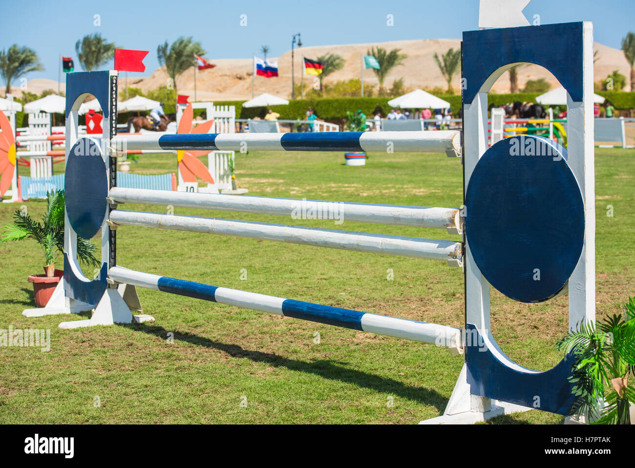 Closeup of a hurdle at an outdoor equestrian showjumping competition event Stock Photo