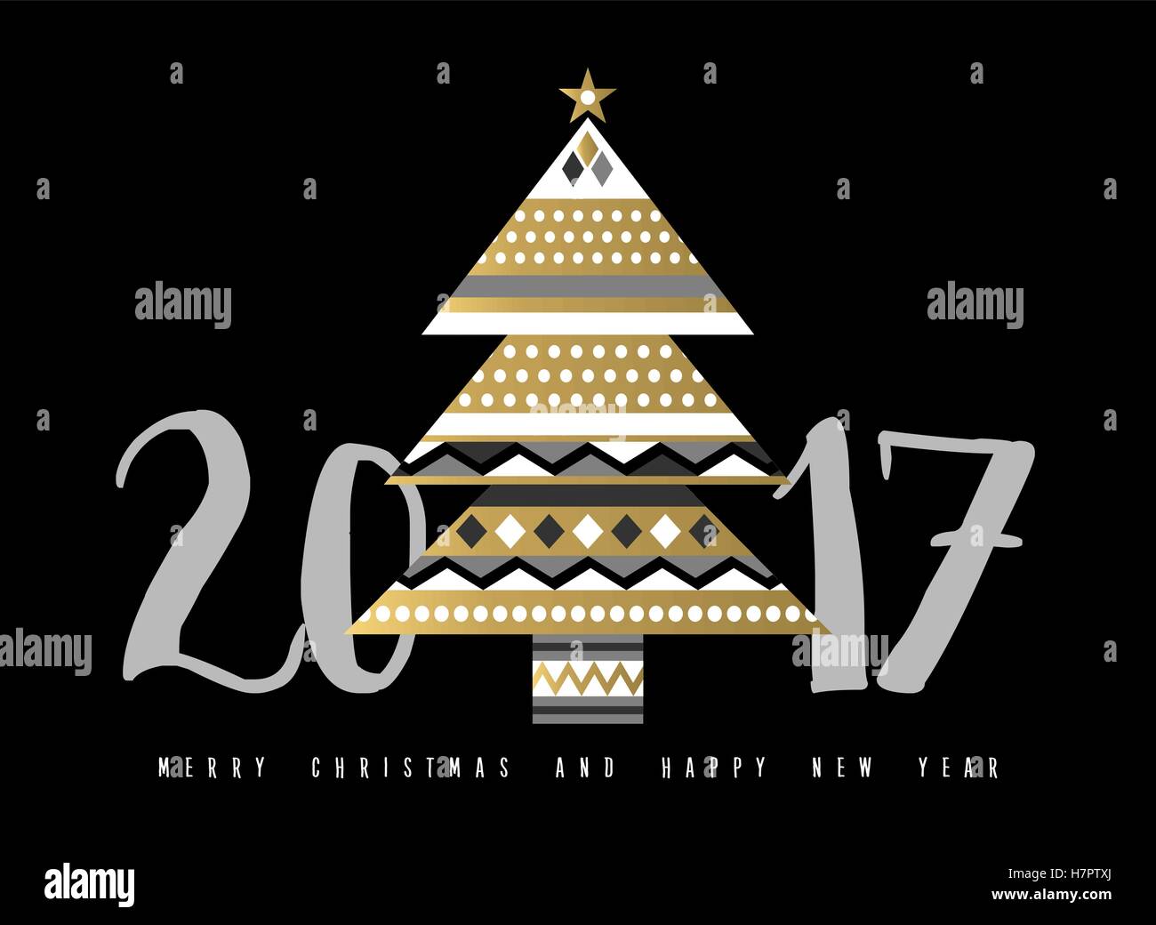 Happy New Year 2017 greeting card design with gold christmas pine tree made of abstract elegant geometric shapes. EPS10 vector Stock Vector