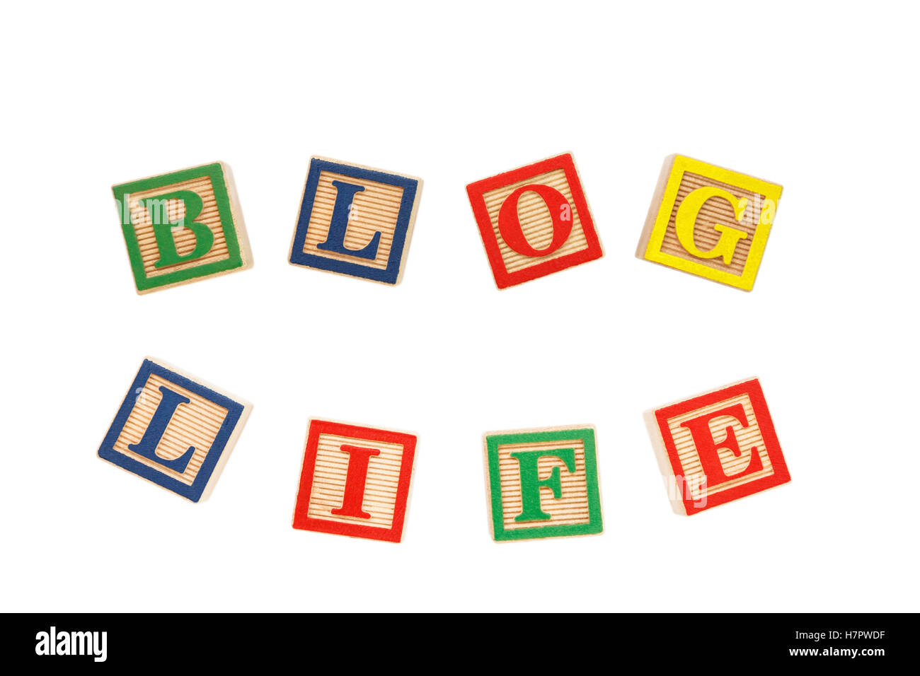 The words BLOG LIFE spelt with colourful letter blocks cut out on white Stock Photo