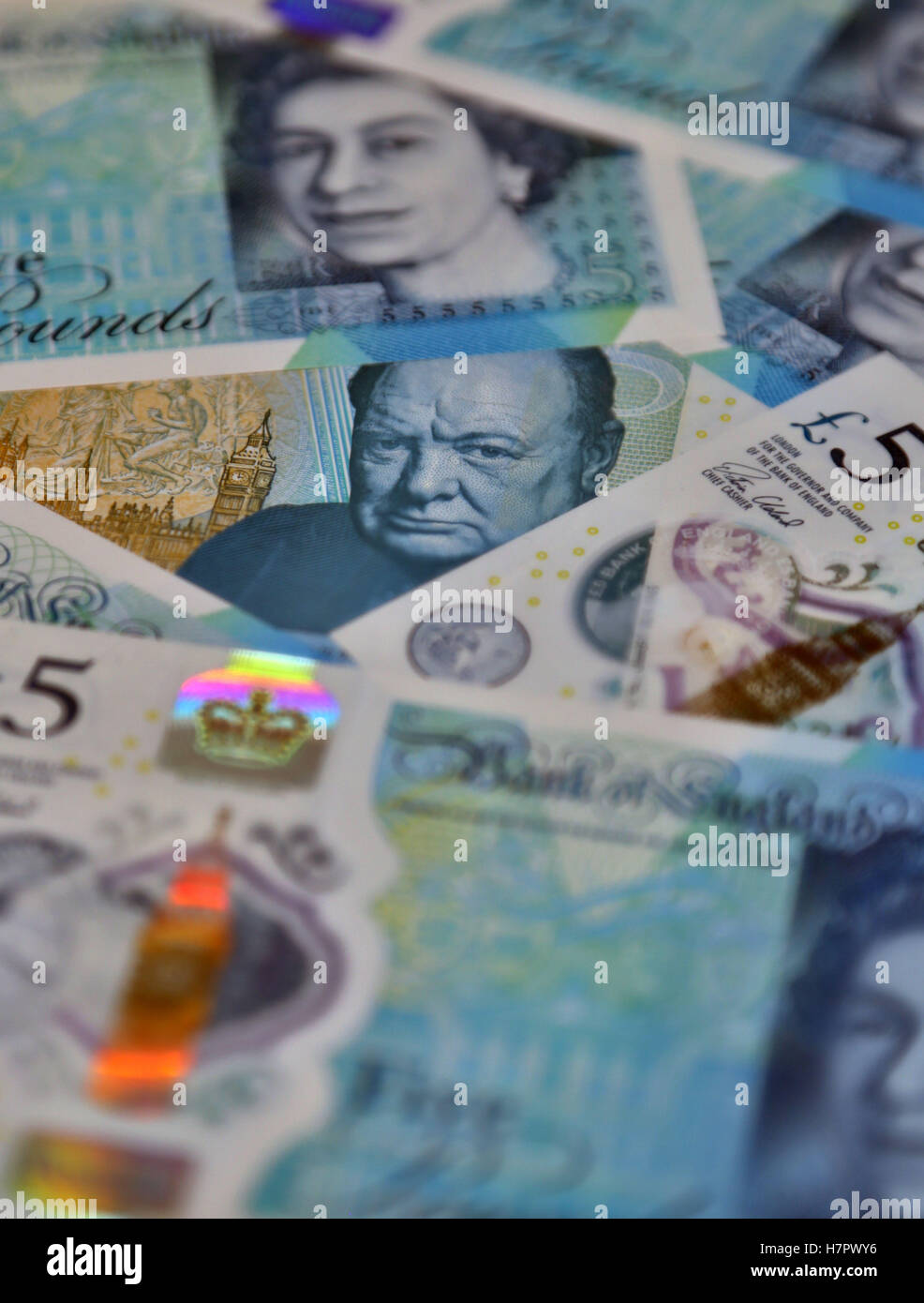 New five pound banknotes, London Stock Photo