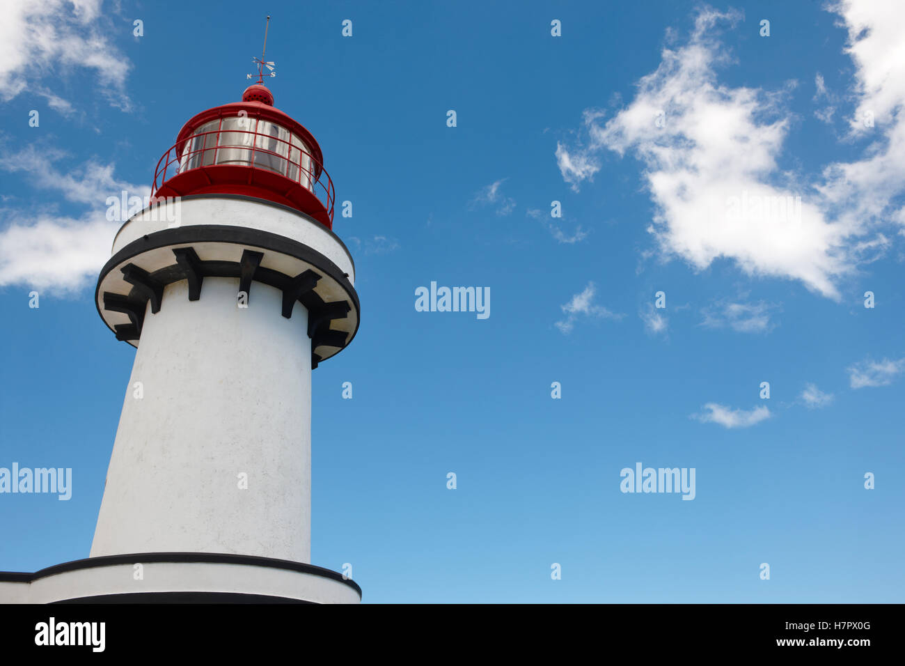 Red and white lighthouse in Topo, Sao Jorge, Azores. Portugal. Horizontal Stock Photo
