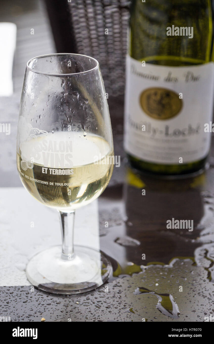 A glass and bottle of Pouilly-Loché white burgundy wine,Salon des Vins wine fair, Toulouse, Haute-Garonne, Midi- Pyréneés, Occitanie, France Stock Photo