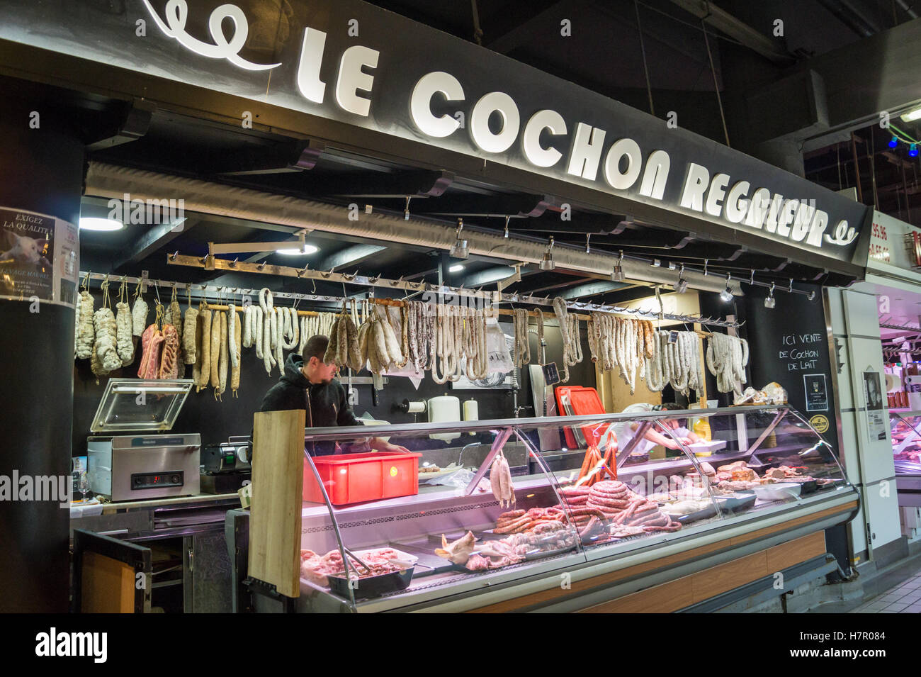 'Cochon Regaleur' pork and charcuterie counter, Marché Victor Hugo, French market,Toulouse, Haute-Garonne, Occitanie, France Stock Photo