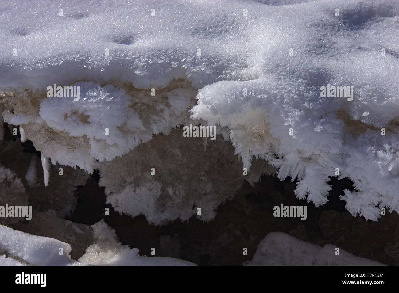Snow Flakes in Frozen River in Ladakh Stock Photo