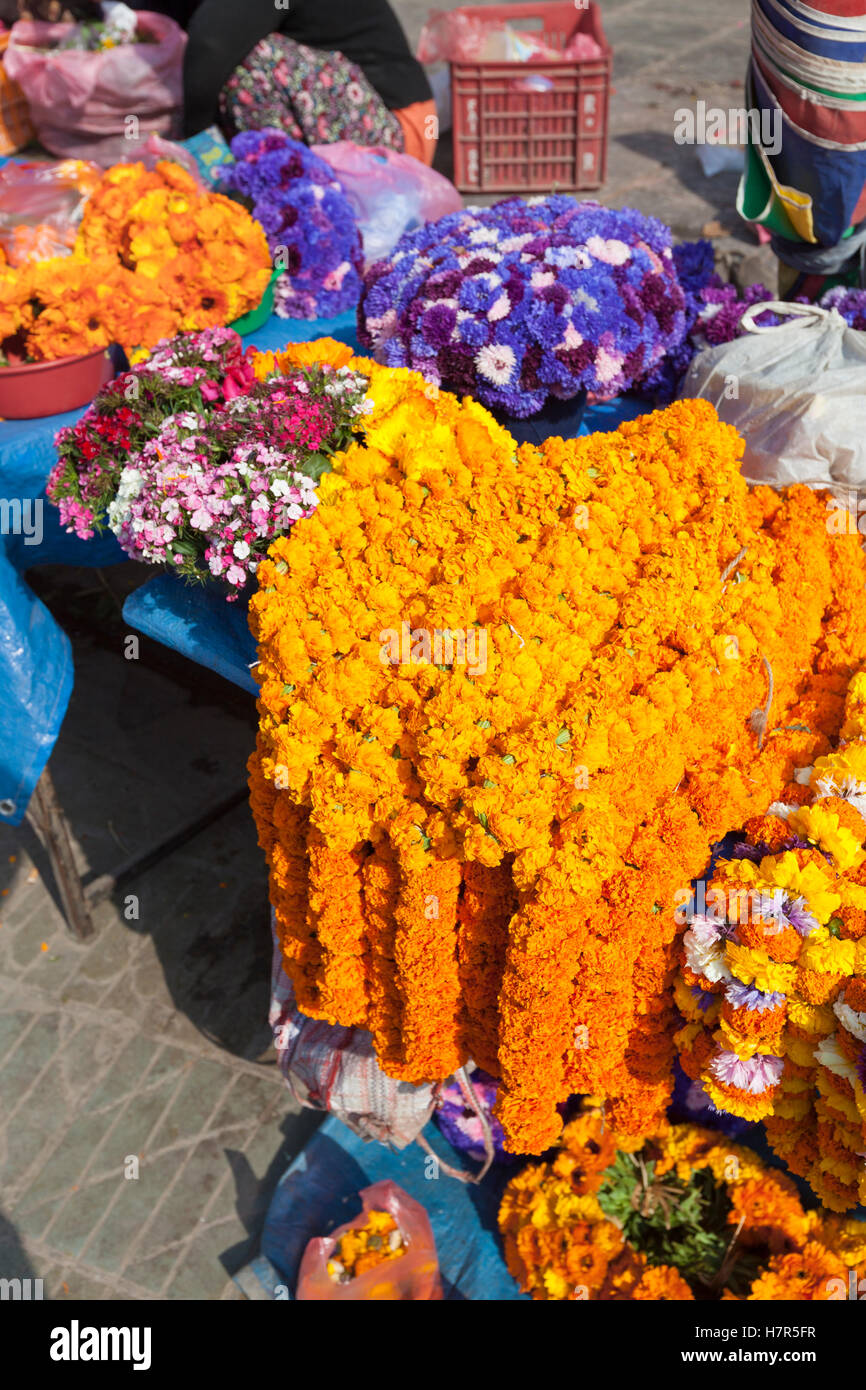 Flowers for sale outside a temple, Durbar square, Kathmandu, Nepal