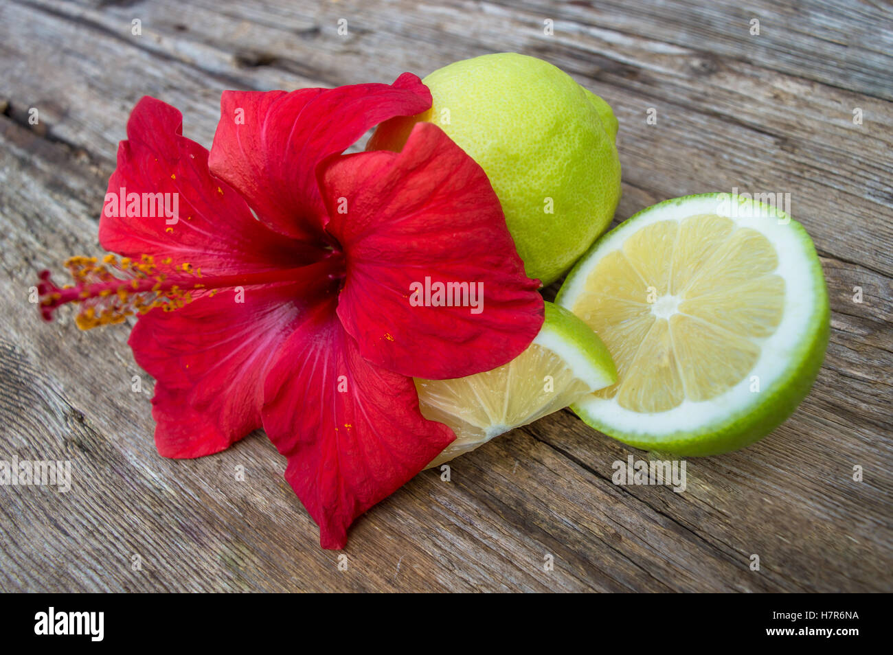 Red hibiscus and green juicy limes on wooden table Stock Photo