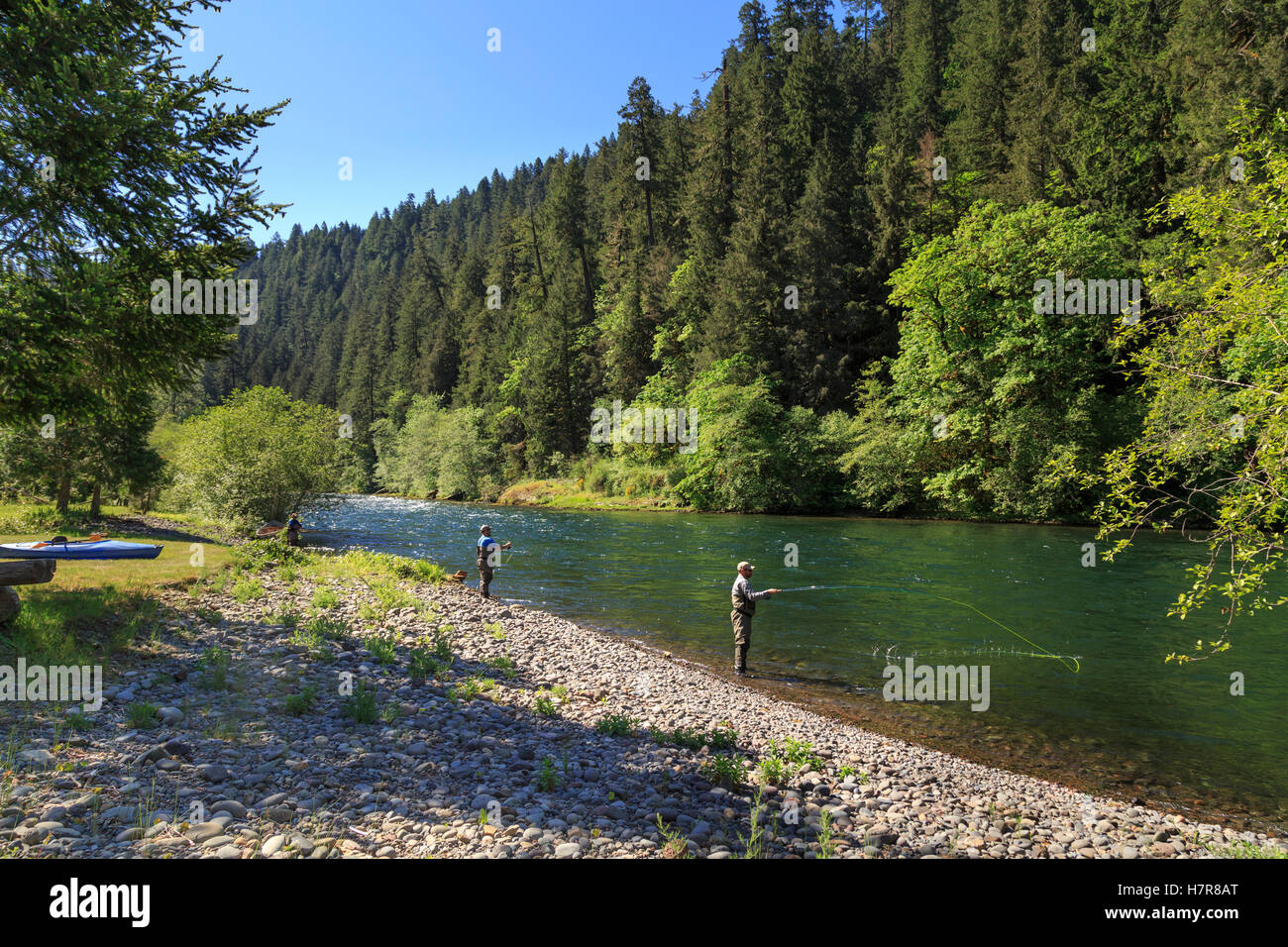 Project Healing Waters Fly Fishing program on the McKenzie River, Oregon. HW  works with disables veterans Stock Photo