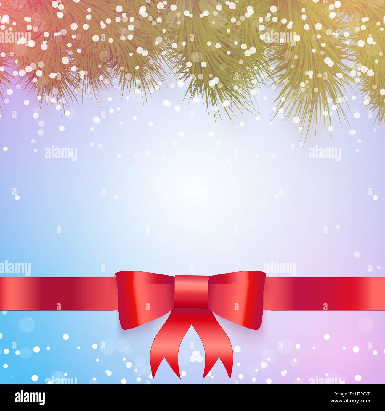 Christmas background with green fir tree red ribbon bow and snow