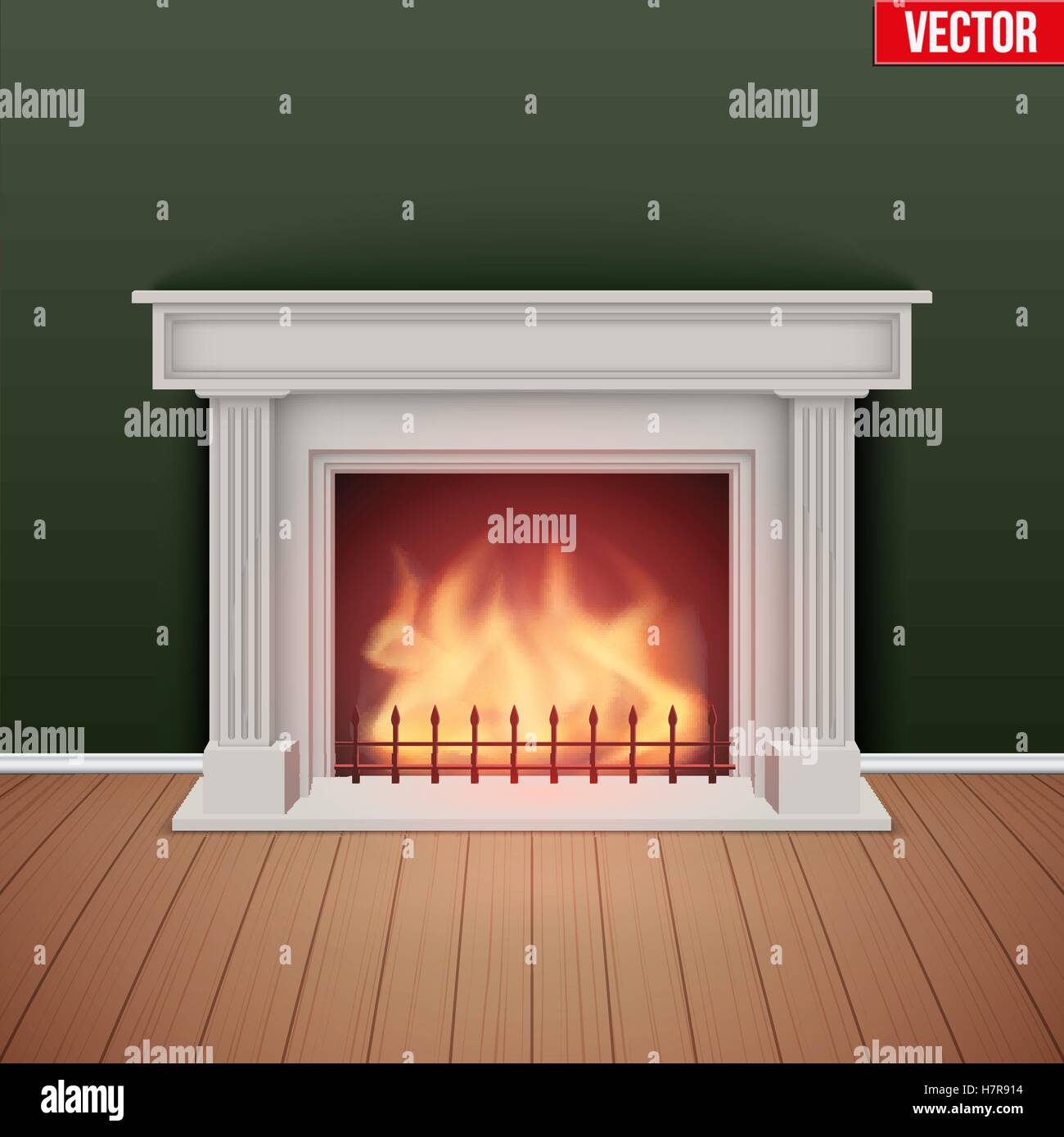 Fireplace in house cozy room. Realistic style design. Vector Illustration Isolated on white background. Stock Vector