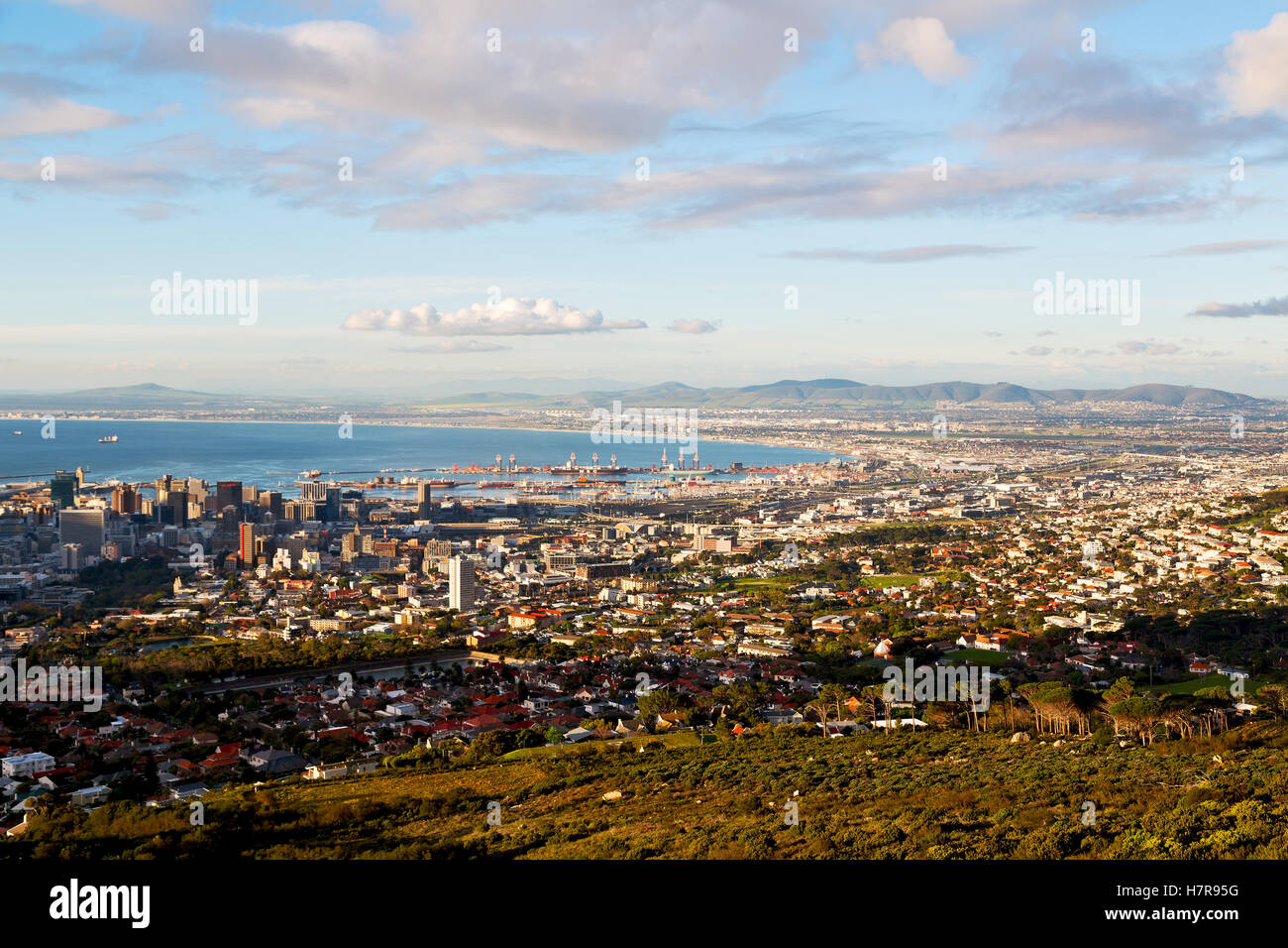 in south africa cape town city skyline from table mountain sky ocean ...