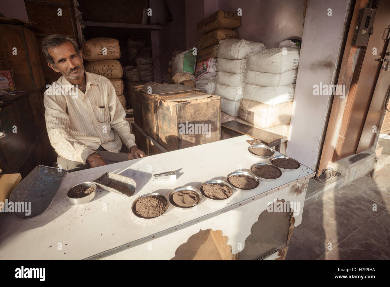 A traditional tea seller in a shop in Jaipur, INDIA, selling different types of leaf tea or chai Stock Photo